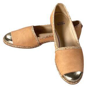 Stuart Weizman Shoes Womens 9M Tan Espadrille Flats Gold Toe Wicker Trim Comfy